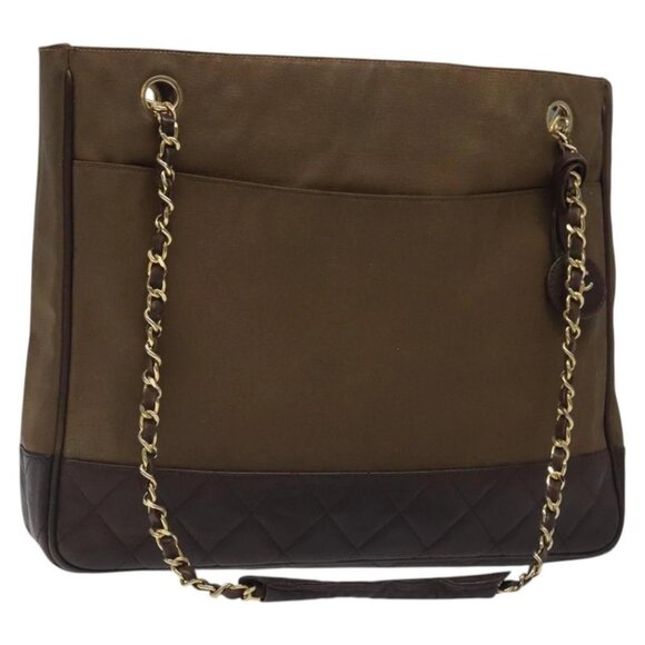 CHANEL Chain Tote Bag Coated Canvas Leather Brown Gold CC Auth bs26043 - Picture 1 of 14